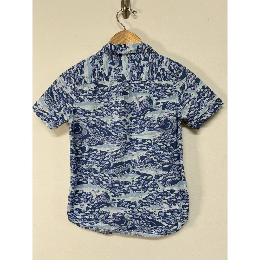 Vineyard Vines Boys Sz Medium 8/10 Collard Button Up With Sharks & Fish